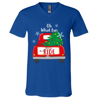 Oh What Fun It Is To Ride Christmas Tree Red Truck Xmas Gift V-Neck T-Shirt