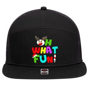 Oh What Fun Christmas Gift With Deer And Santa Hat Gift 7 Panel Mesh Trucker Snapback Hat