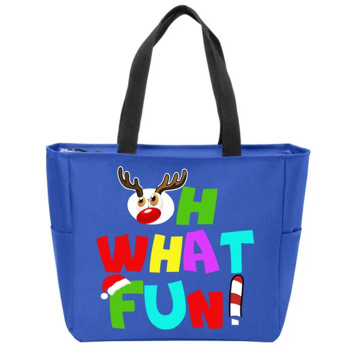 Oh What Fun Christmas Gift With Deer And Santa Hat Gift Zip Tote Bag