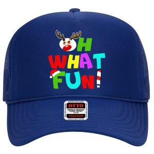 Oh What Fun Christmas Gift With Deer And Santa Hat Gift High Crown Mesh Back Trucker Hat