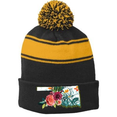 Oklahoma Watercolor Flower Stripe Pom Pom Beanie