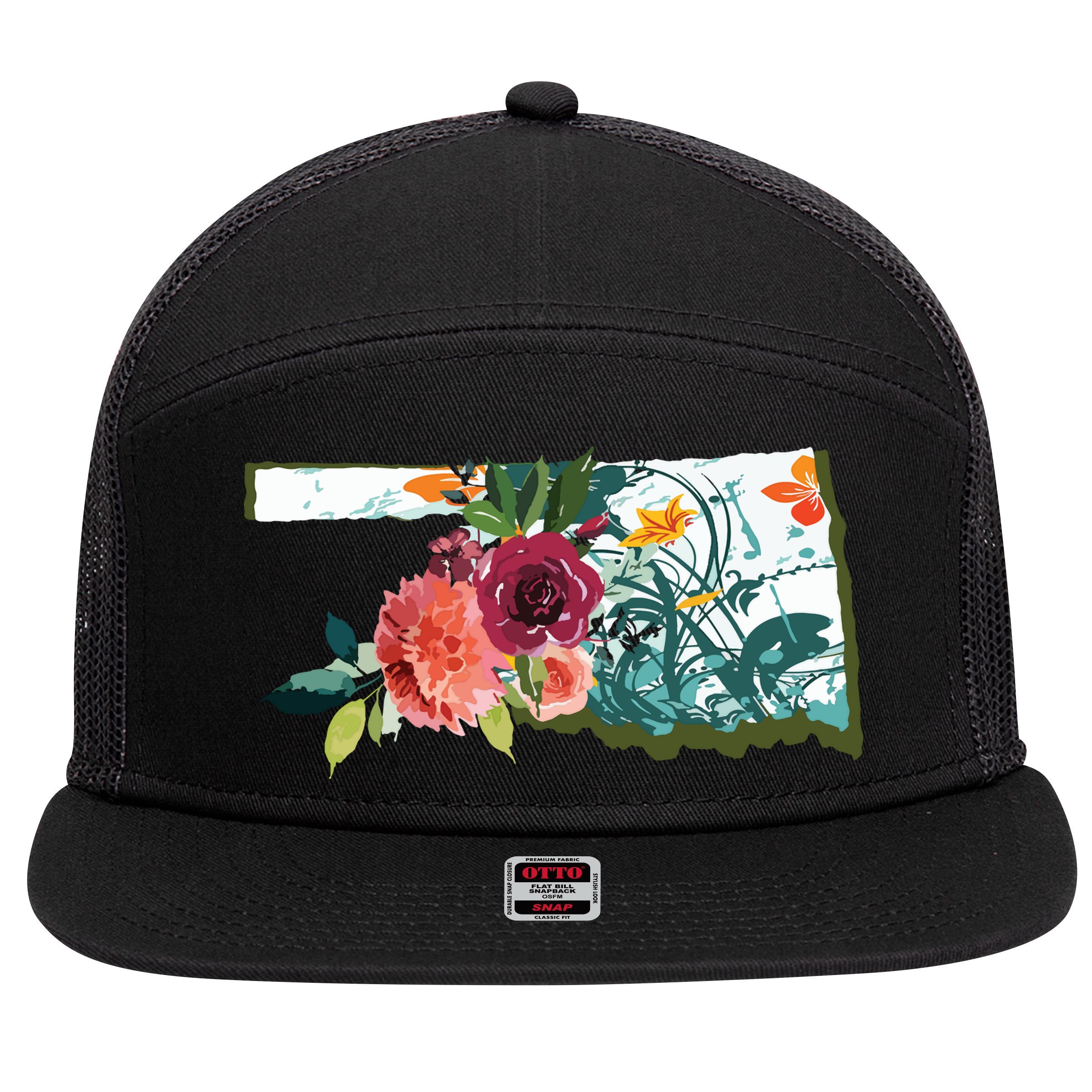 Oklahoma Watercolor Flower 7 Panel Mesh Trucker Snapback Hat