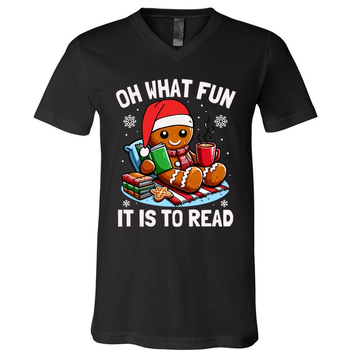 Oh What Fun It Is To Read Funny Christmas Gingerbread Book Lover V-Neck T-Shirt