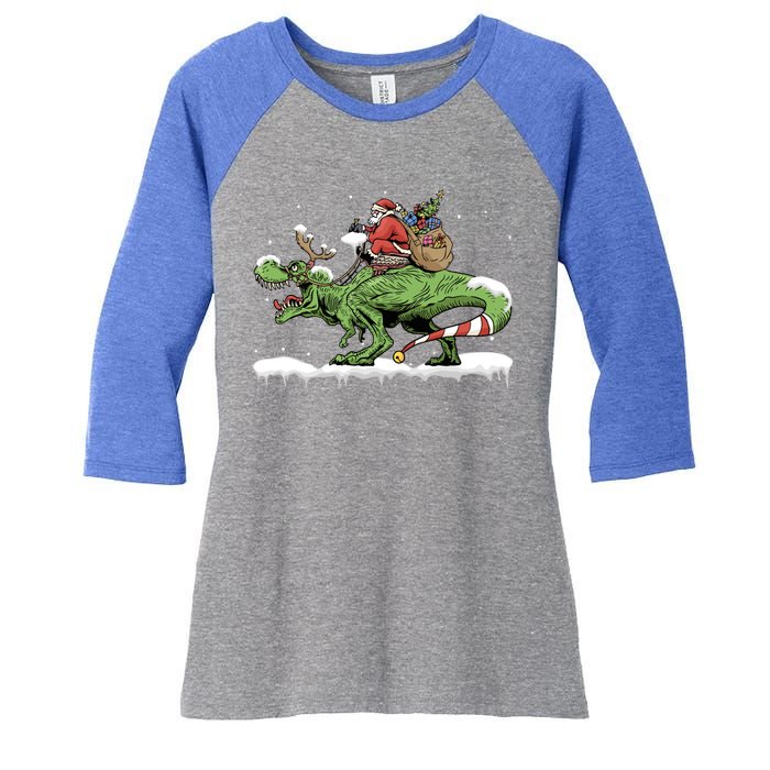 Oh What Fun It Is To Rawr Santa Claus Dinosaur Ride Gift Women's Tri-Blend 3/4-Sleeve Raglan Shirt