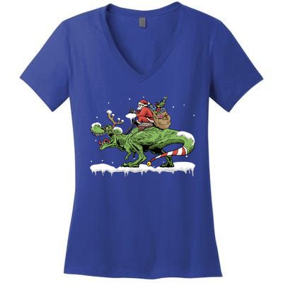 Oh What Fun It Is To Rawr Santa Claus Dinosaur Ride Gift Women's V-Neck T-Shirt