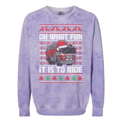 Oh What Fun It Is To Ride Fire Firefighter Ugly Christmas Gift Colorblast Crewneck Sweatshirt