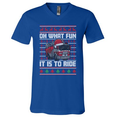 Oh What Fun It Is To Ride Fire Firefighter Ugly Christmas Gift V-Neck T-Shirt