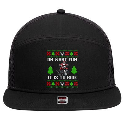 Oh What Fun It Is To Ride Motorcycle Santa Ugly Christmas 7 Panel Mesh Trucker Snapback Hat