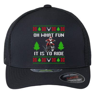 Oh What Fun It Is To Ride Motorcycle Santa Ugly Christmas Flexfit Unipanel Trucker Cap
