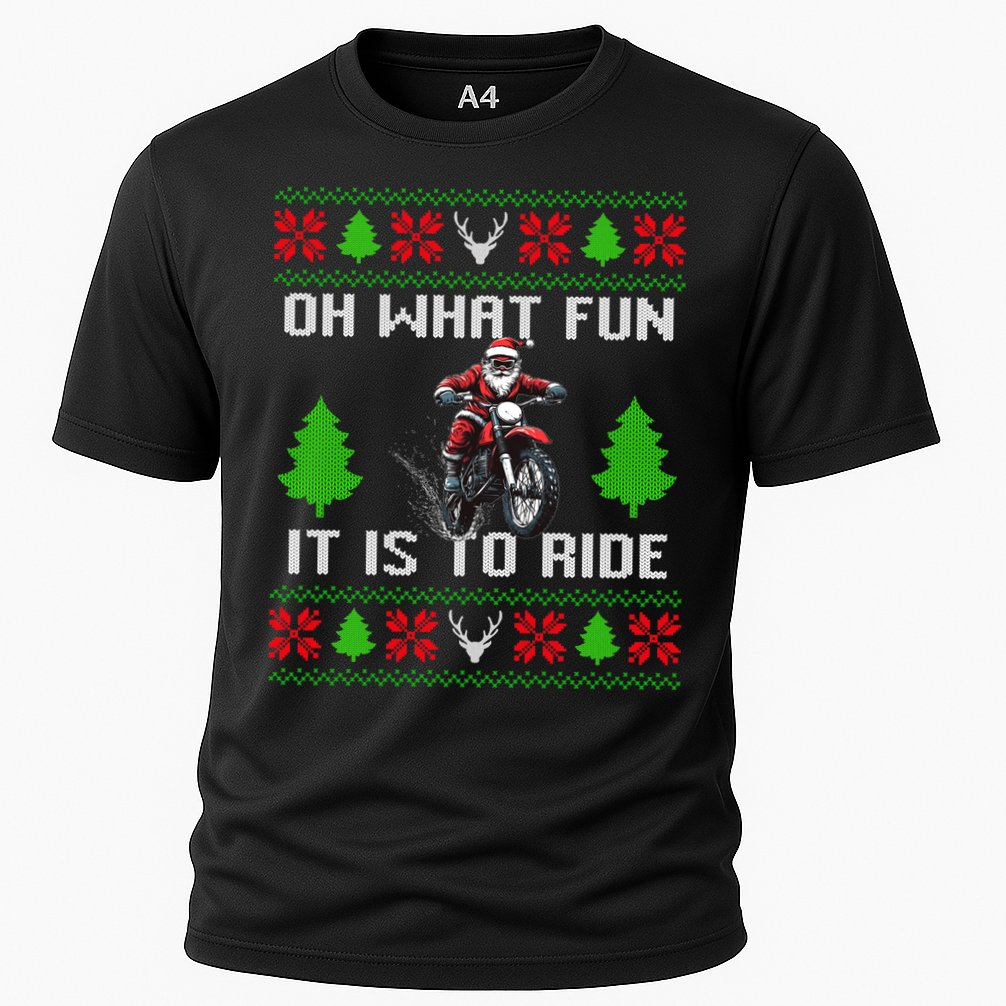 Oh What Fun It Is To Ride Motorcycle Santa Ugly Christmas Cooling Performance Crew T-Shirt