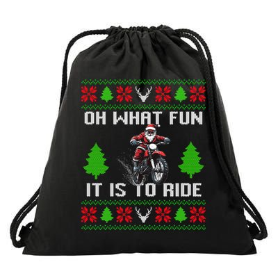 Oh What Fun It Is To Ride Motorcycle Santa Ugly Christmas Drawstring Bag