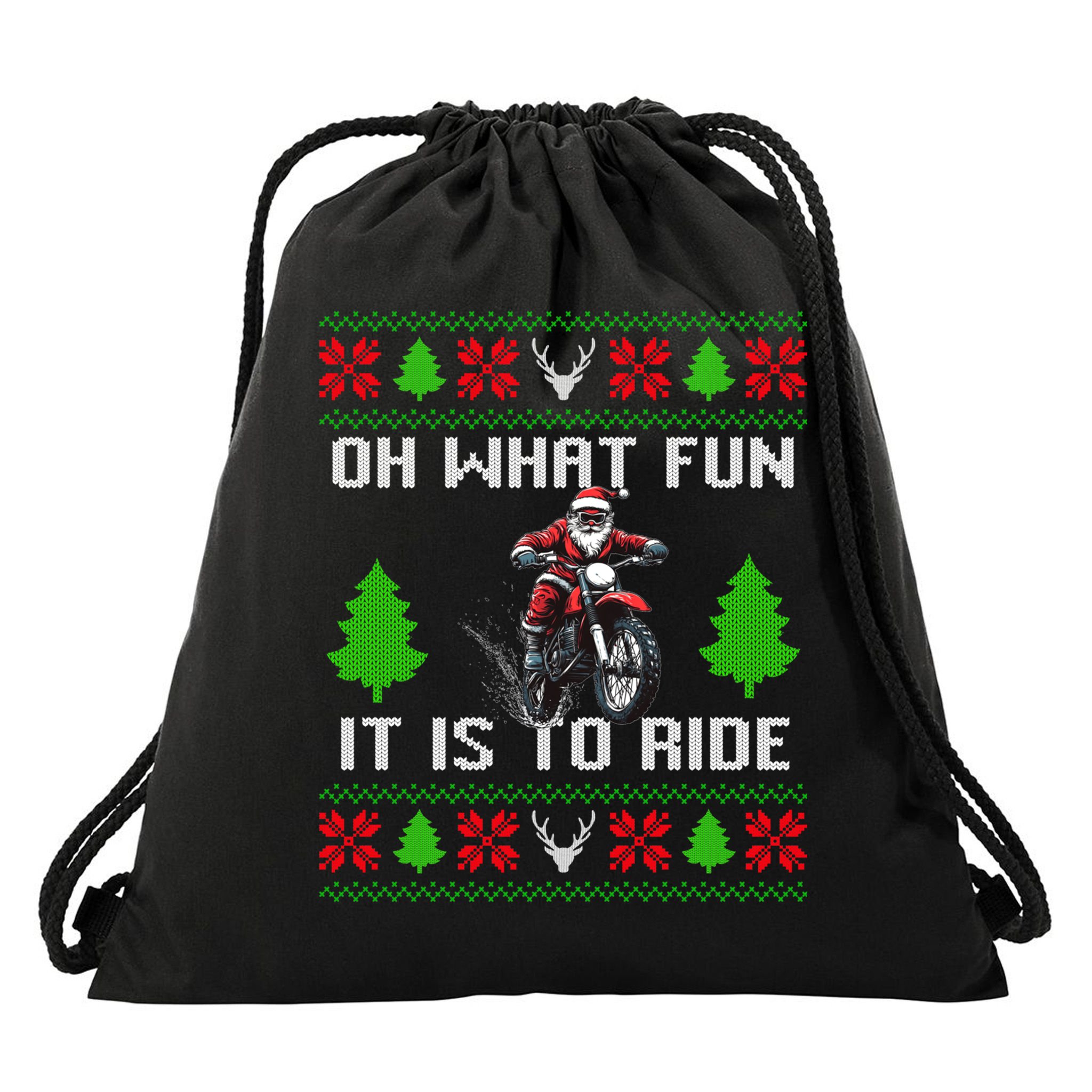 Oh What Fun It Is To Ride Motorcycle Santa Ugly Christmas Drawstring Bag