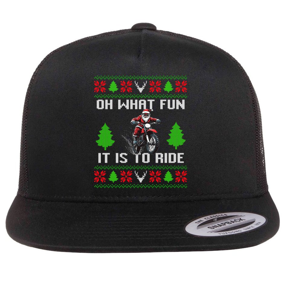 Oh What Fun It Is To Ride Motorcycle Santa Ugly Christmas Flat Bill Trucker Hat