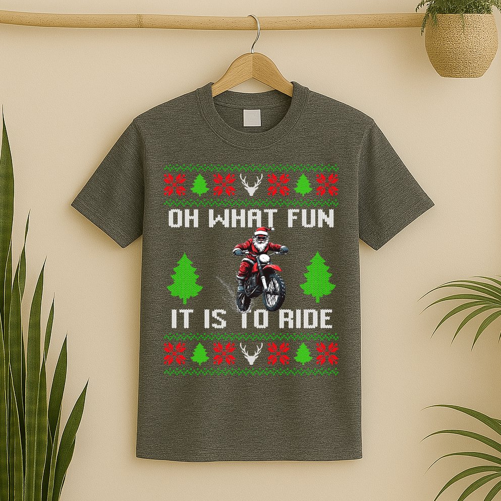 Oh What Fun It Is To Ride Motorcycle Santa Ugly Christmas T-Shirt