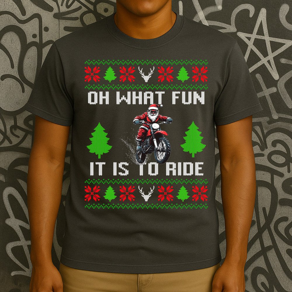 Oh What Fun It Is To Ride Motorcycle Santa Ugly Christmas T-Shirt