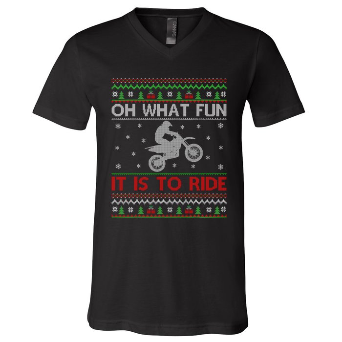 Oh What Fun It Is To Ride Xmas Ugly Motocross Christmas V-Neck T-Shirt