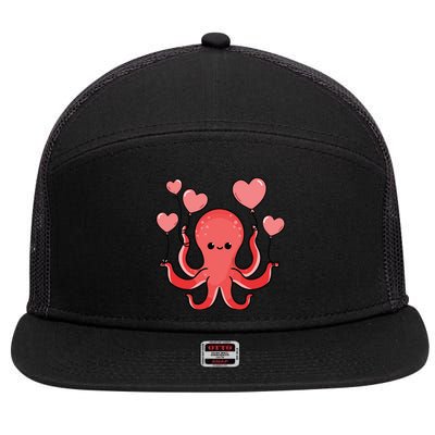 Octopus With Heart Balloons Valentines Day Octopus 7 Panel Mesh Trucker Snapback Hat