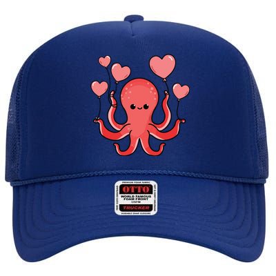 Octopus With Heart Balloons Valentines Day Octopus High Crown Mesh Back Trucker Hat