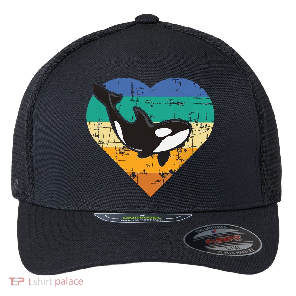 Orca Whale Heart Whale Lover Marine Biologist Whales Flexfit Unipanel Trucker Cap