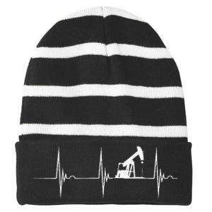 Oilfield Worker Heartbeat EKG Pulse Oil Rig American Gas Striped Beanie with Solid Band