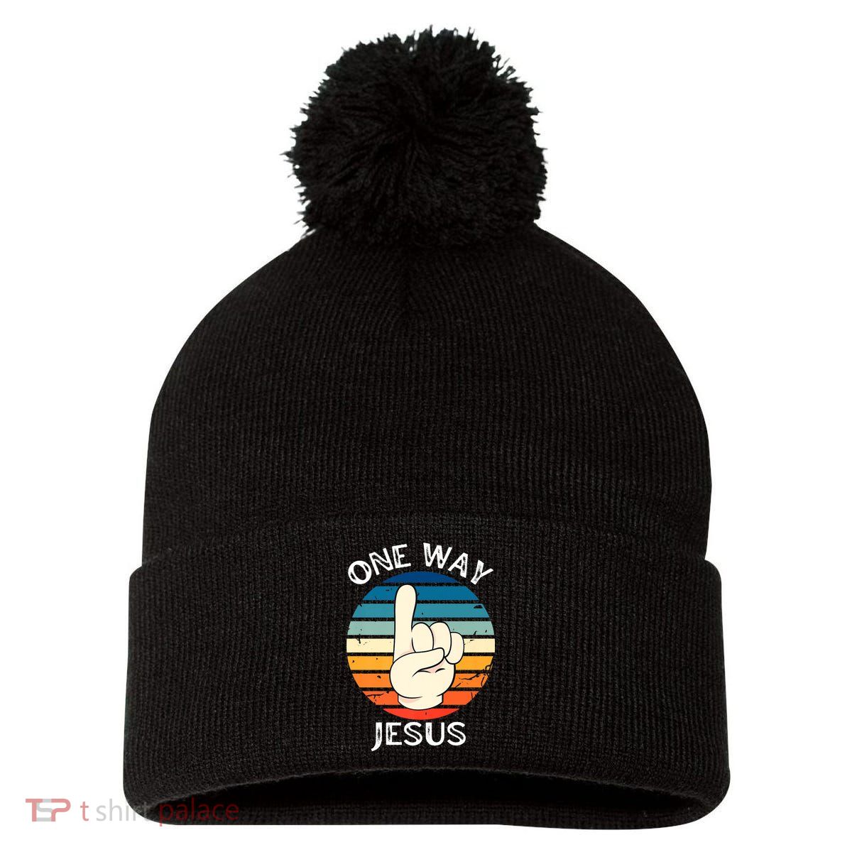 One Way Jesus People Christian Revolution Finger Up Retro Pom Pom 12in Knit Beanie
