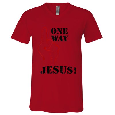 One Way Jesus People Christian Revolution Finger Up Retro V-Neck T-Shirt