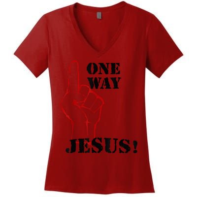 One Way Jesus People Christian Revolution Finger Up Retro Women's V-Neck T-Shirt
