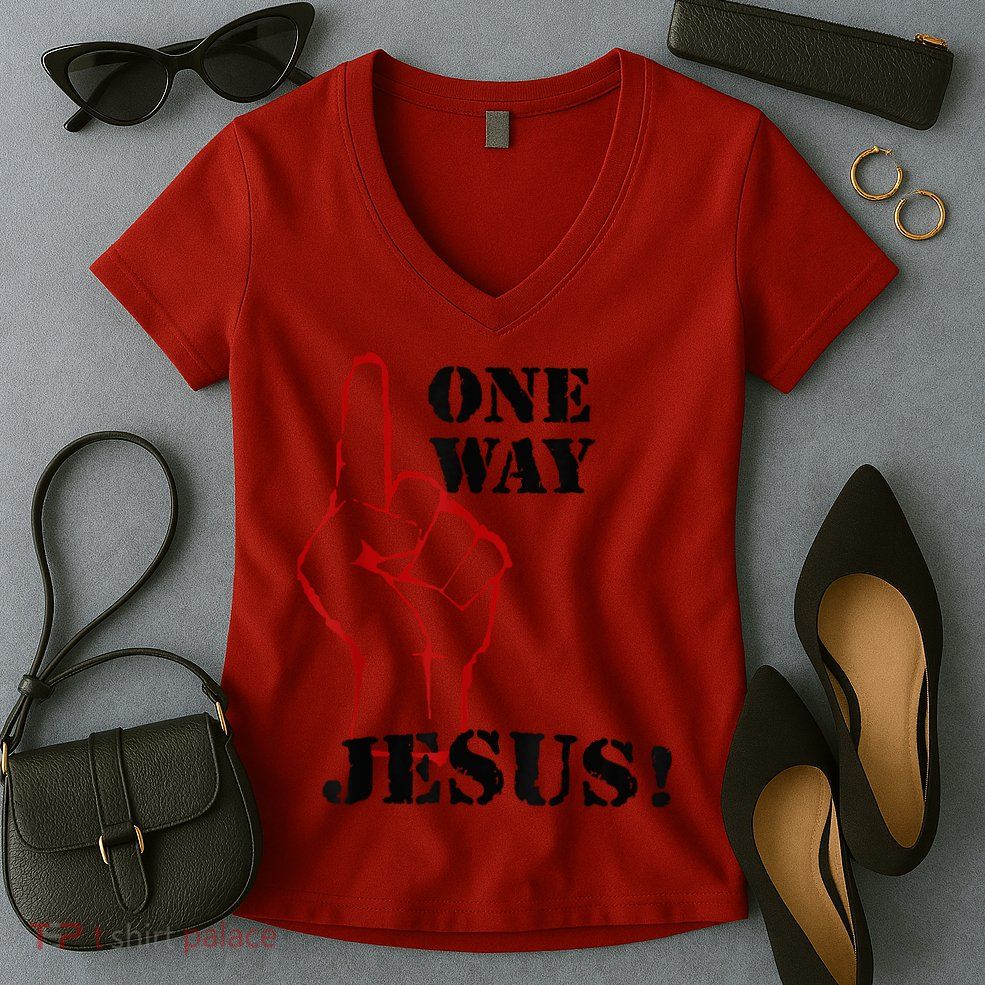 One Way Jesus People Christian Revolution Finger Up Retro Women's V-Neck T-Shirt