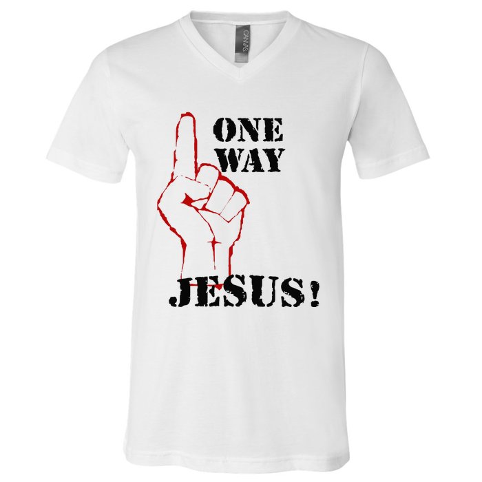 One Way Jesus People Christian Revolution Finger Up Retro V-Neck T-Shirt