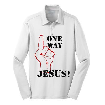 One Way Jesus People Christian Revolution Finger Up Retro Silk Touch Performance Long Sleeve Polo