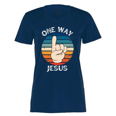 One Way Jesus People Christian Revolution Finger Up Retro Women's Momentum V-Neck T-Shirt