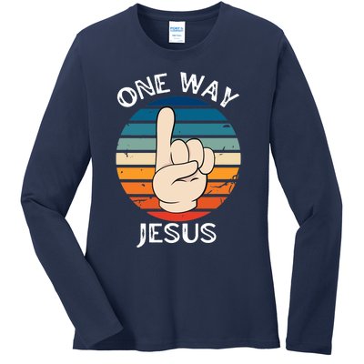 One Way Jesus People Christian Revolution Finger Up Retro Ladies Long Sleeve Shirt