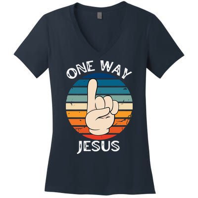 One Way Jesus People Christian Revolution Finger Up Retro Women's V-Neck T-Shirt