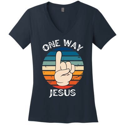 One Way Jesus People Christian Revolution Finger Up Retro Women's V-Neck T-Shirt