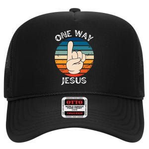 One Way Jesus People Christian Revolution Finger Up Retro Premium High Crown Mesh Back Trucker Hat