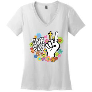 One Way Jesus People Christian Revolution Finger Up Retro Women's V-Neck T-Shirt