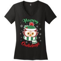 Owl Christmas Happy Owlidays Women's V-Neck T-Shirt