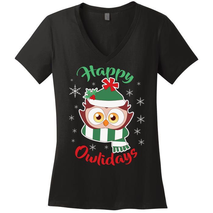 Owl Christmas Happy Owlidays Women's V-Neck T-Shirt