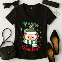 Owl Christmas Happy Owlidays Women's V-Neck T-Shirt
