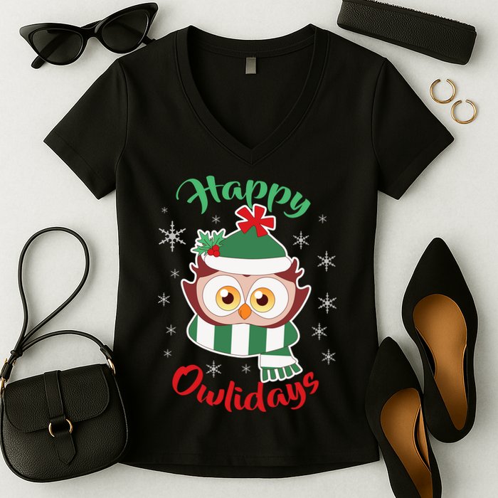Owl Christmas Happy Owlidays Women's V-Neck T-Shirt