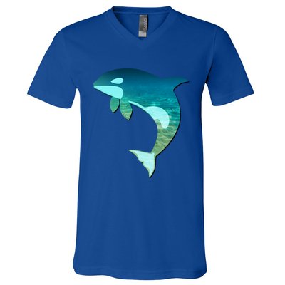 Orca Whale Lovers Silhouette Earth Day And Ocean Week Gift V-Neck T-Shirt