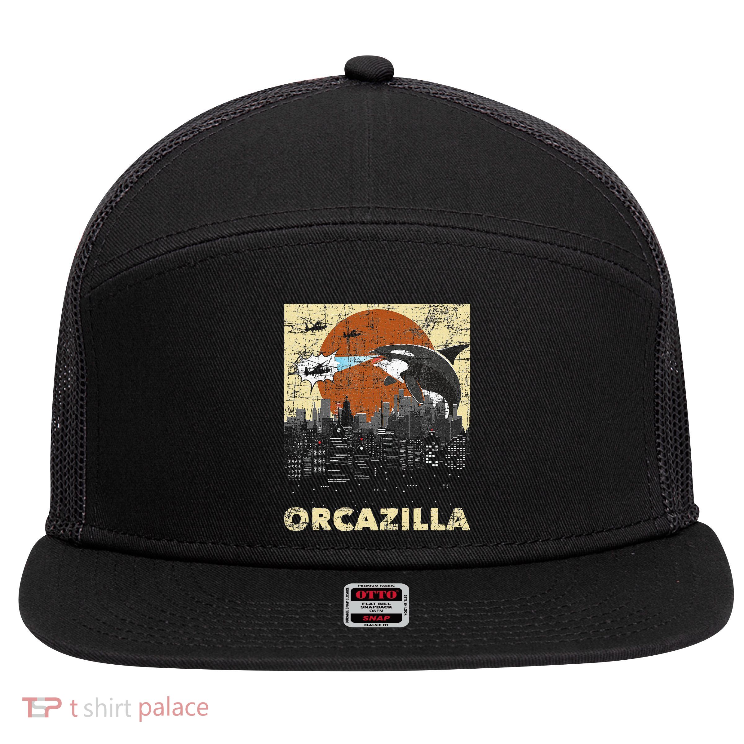Orcazilla Whale Lover Ocean Marine Biologist Whales 7 Panel Mesh Trucker Snapback Hat