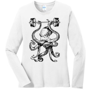 Octopus Weight Lifting Fitness Gym Workout Ladies Long Sleeve Shirt