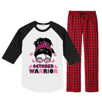 October Warrior Messy Bun Breast Cancer Awareness Raglan Sleeve Pajama Set