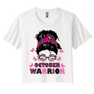 October Warrior Messy Bun Breast Cancer Awareness Women's Crop Top Tee