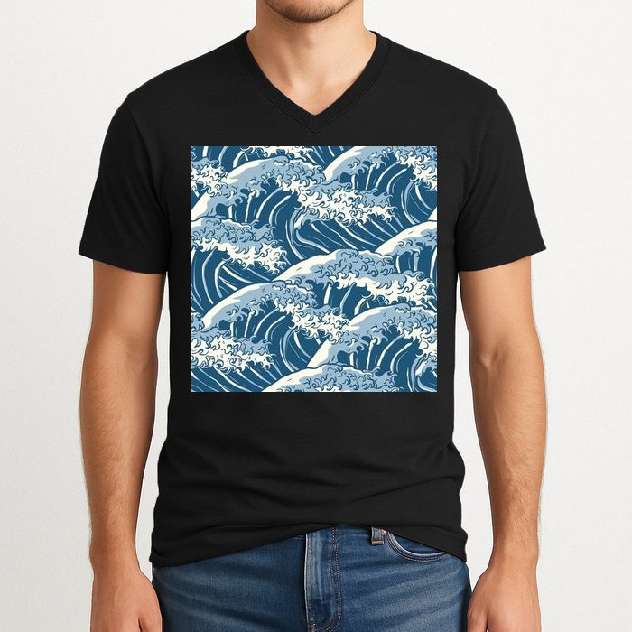 Ocean Wave Pattern V-Neck T-Shirt