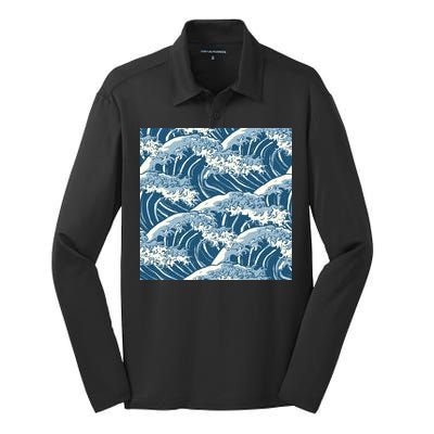 Ocean Wave Pattern Silk Touch Performance Long Sleeve Polo