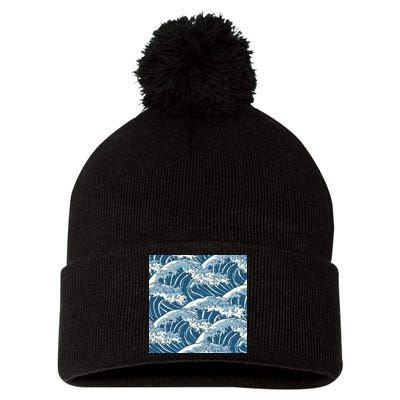 Ocean Wave Pattern Pom Pom 12in Knit Beanie
