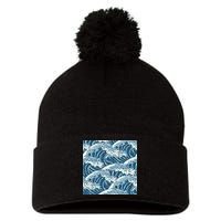 Ocean Wave Pattern Pom Pom 12in Knit Beanie