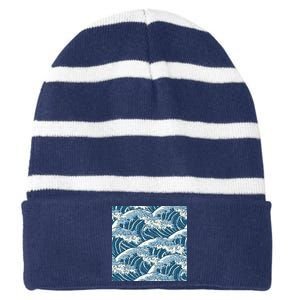 Ocean Wave Pattern Striped Beanie with Solid Band